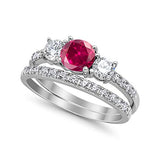 3-Stone Wedding Bridal Piece Ring Round Simulated Ruby CZ 925 Sterling Silver