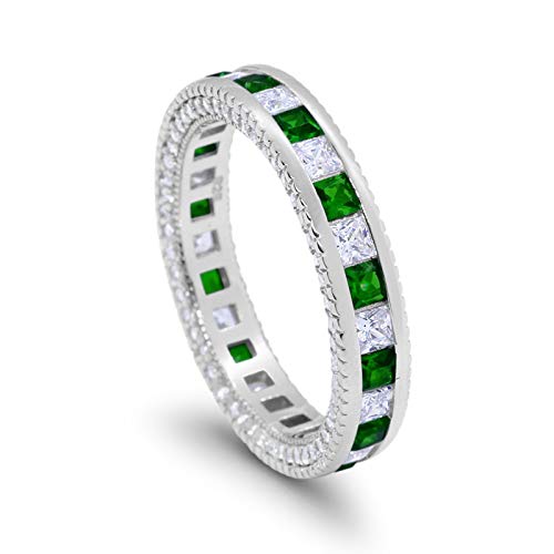 Eternity Ring Alternating Round Simulated Green Emerald CZ Solid 925 Sterling Silver
