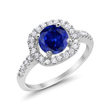 Solitaire Accent Halo Wedding Ring Round Simulated Blue Sapphire CZ 925 Sterling Silver