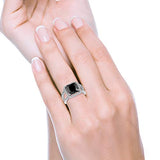 Halo Split Shank Engagement Ring Simulated Black CZ 925 Sterling Silver