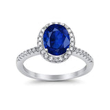 Accent Halo Wedding Ring Oval Simulated Blue Sapphire CZ 925 Sterling Silver