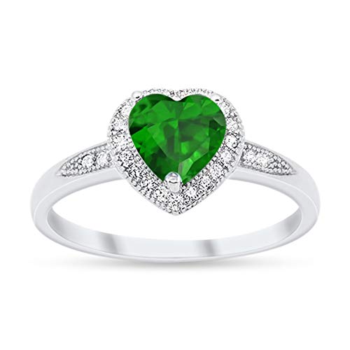 Halo Heart Promise Ring Round Simulated Green Emerald CZ 925 Sterling Silver