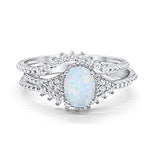 Three Piece Bridal Set Oval Round Lab White Opal Wedding Ring 925 Sterling Silver