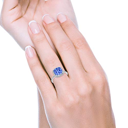 Halo Engagement Ring Accent Cushion Simulated Tanzanite CZ 925 Sterling Silver