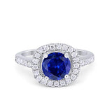 Solitaire Accent Halo Wedding Ring Round Simulated Blue Sapphire CZ 925 Sterling Silver
