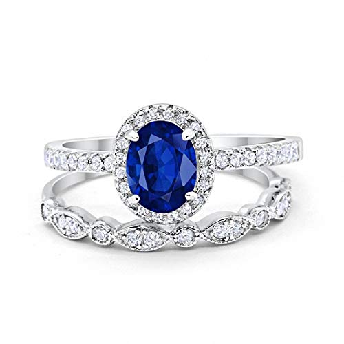 2-Piece Art Deco Wedding Bridal Ring Oval Simulated Blue Sapphire CZ 925 Sterling Silver