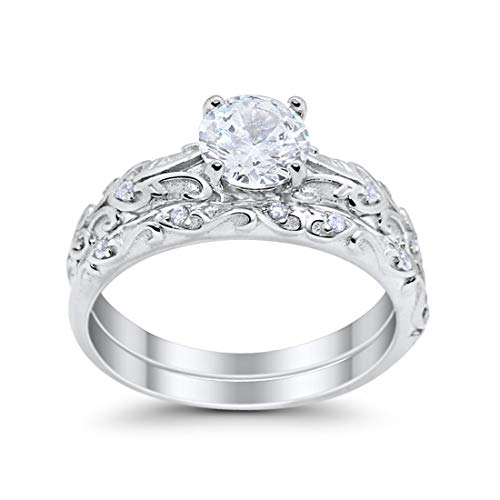 Art Deco Bridal Set Engagement Ring Piece Simulated Cubic Zirconia 925 Sterling Silver