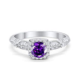 Halo Engagement Bridal Ring Simulated Amethyst CZ 925 Sterling Silver