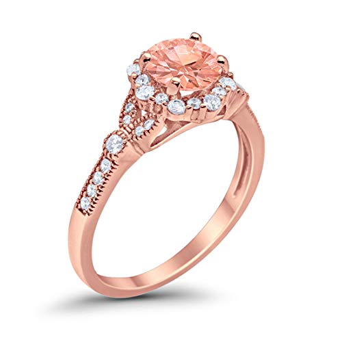 Floral Art Deco Engagement Ring Rose Tone, Simulated Morganite CZ 925 Sterling Silver