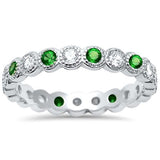 Bezel Set Full Eternity Ring Simulated Green Emerald CZ 925 Sterling Silver