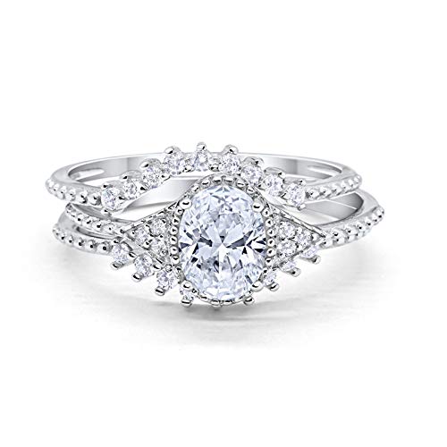 Three Piece Bridal Set Oval Round Simulated CZ Wedding Ring 925 Sterling Silver