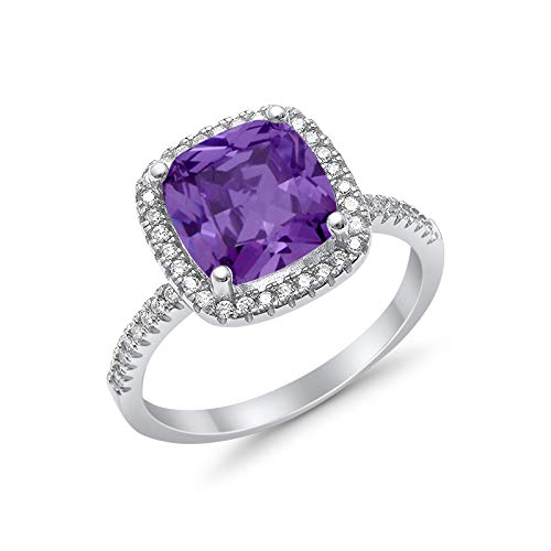 Halo Engagement Ring Accent Cushion Simulated Amethyst CZ 925 Sterling Silver