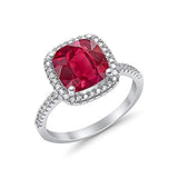 Halo Engagement Ring Accent Cushion Simulated Ruby CZ 925 Sterling Silver