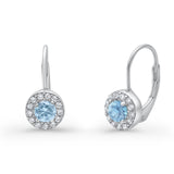 Dangling Earrings Halo Round Cut Simulated Aquamarine CZ 925 Sterling Silver