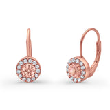 Dangling Earrings Halo Round Cut Rose Tone, Simulated Morganite CZ 925 Sterling Silver