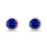 Halo Wedding Simulated Blue Sapphire CZ 925 Sterling Silver Stud Earrings 8mm