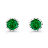 Halo Wedding Simulated Green Emerald CZ 925 Sterling Silver Stud Earrings 8mm