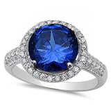 Halo Wedding Ring Simulated Blue Sapphire Cubic Zirconia 925 Sterling Silver