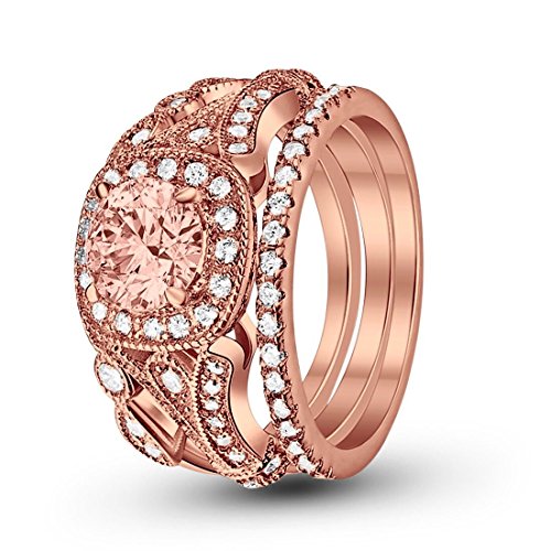 Eternity Three Piece Engagement Ring Rose Tone, Simulated Morganite CZ 925 Sterling Silver