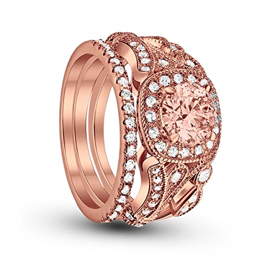 Eternity Three Piece Engagement Ring Rose Tone, Simulated Morganite CZ 925 Sterling Silver