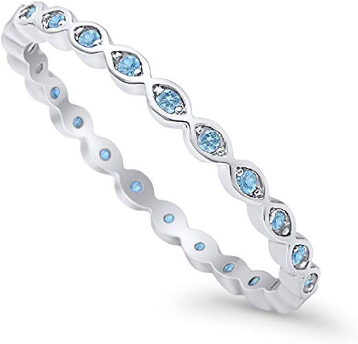 Full Eternity Stackable Ring Simulated Aquamarine CZ 925 Sterling Silver