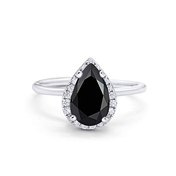 Teardrop Pear Wedding Ring Simulated Black CZ 925 Sterling Silver