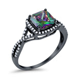 Halo Infinity Shank Engagement Ring Cushion Black Tone, Simulated Rainbow CZ 925 Sterling Silver
