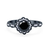 Floral Art Engagement Ring Black Tone, Simulated Black CZ 925 Sterling Silver