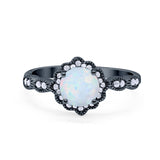 Floral Art Engagement Ring Black Tone, Lab Created White Opal 925 Sterling Silver