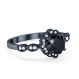 Floral Art Engagement Ring Black Tone, Simulated Black CZ 925 Sterling Silver