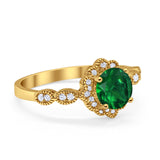 Halo Floral Art Deco Wedding Ring Yellow Tone, Simulated Green Emerald CZ 925 Sterling Silver