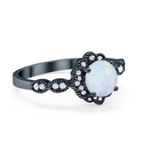 Floral Art Engagement Ring Black Tone, Lab Created White Opal 925 Sterling Silver