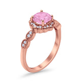 Halo Floral Art Deco Wedding Ring Rose Tone, Simulated Pink Morganite CZ 925 Sterling Silver