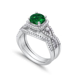 Halo Wedding Trio Piece Ring Simulated Green Emerald CZ 925 Sterling Silver