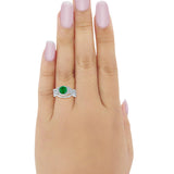 Halo Wedding Trio Piece Ring Simulated Green Emerald CZ 925 Sterling Silver