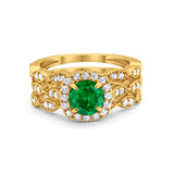 Halo Three Piece Wedding Yellow Tone, Simulated Green Emerald CZ Ring 925 Sterling Silver