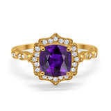 Halo Engagement Ring Cushion Yellow Tone, Simulated Amethyst CZ 925 Sterling Silver