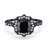Halo Engagement Ring Cushion Black Tone, Simulated Black CZ 925 Sterling Silver