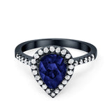 Halo Pear Filigree Ring Black Tone, Simulated Blue Sapphire CZ 925 Sterling Silver