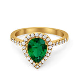 Halo Teardrop Filigree Ring Yellow Tone, Simulated Green Emerald CZ 925 Sterling Silver