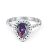 Halo Teardrop Bridal Filigree Ring Simulated Rainbow CZ 925 Sterling Silver