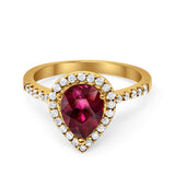 Halo Teardrop Filigree Ring Yellow Tone, Simulated Ruby CZ 925 Sterling Silver