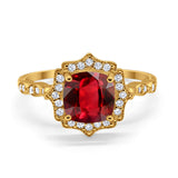 Halo Engagement Ring Cushion Yellow Tone, Simulated Ruby CZ 925 Sterling Silver