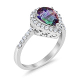 Halo Teardrop Bridal Filigree Ring Simulated Rainbow CZ 925 Sterling Silver