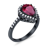 Halo Teardrop Ring Pear Black Tone, Simulated Ruby CZ 925 Sterling Silver