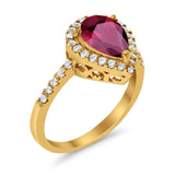 Halo Teardrop Filigree Ring Yellow Tone, Simulated Ruby CZ 925 Sterling Silver
