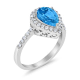 Halo Teardrop Bridal Filigree Ring Simulated Blue Topaz CZ 925 Sterling Silver