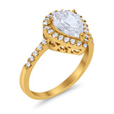 Halo Teardrop Bridal Filigree Ring Yellow Tone, Simulated Cubic Zirconia 925 Sterling Silver