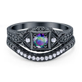 Vintage Style Two Piece Wedding Ring Black Tone, Simulated Rainbow CZ 925 Sterling Silver