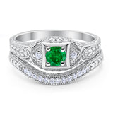 Vintage Style Two Piece Wedding Ring Simulated Green Emerald CZ 925 Sterling Silver